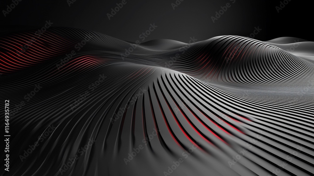 Poster Abstract dark gray 3D wave surface with red glowing lines.
