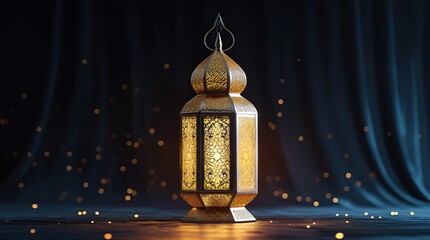 A delicate Ramadan decorative lantern, with a sharp and soft plain black background that highlights the intricate details of the subject.