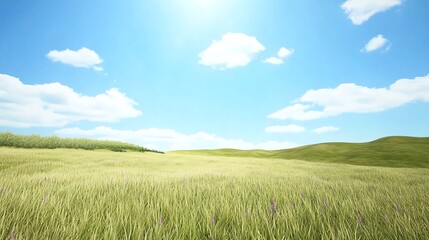 Obraz premium A serene landscape featuring rolling hills and a bright blue sky with fluffy clouds, ideal for nature-themed designs.