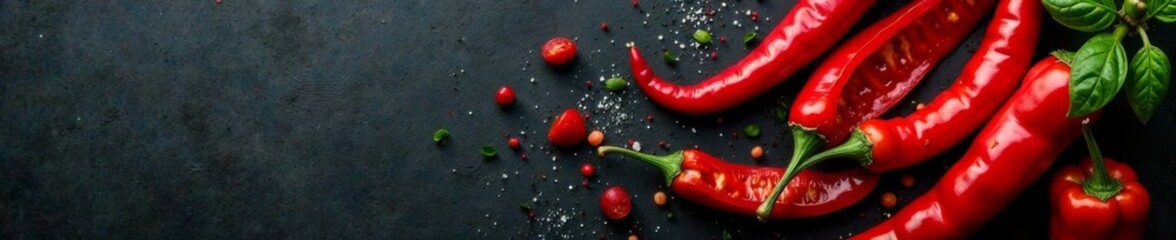Spicy chilli pepper sliced on black background, culinary, red colour