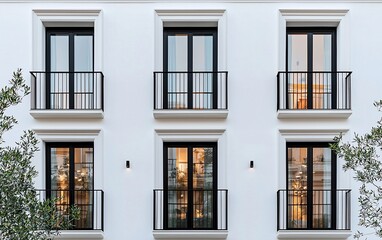 Obraz premium Modern white building facade with six black-framed balconies and windows at night.