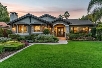 Luxurious home exterior at sunset, showcasing landscaping and architectural details.