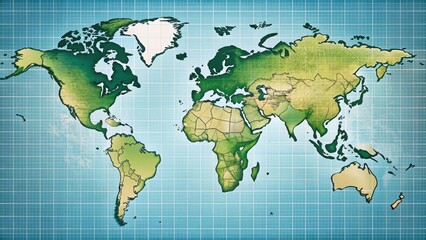A textured world map illustration with shaded relief, showing continents and countries, overlaid on a gridded background