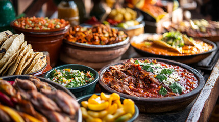 Fototapeta premium Colorful array of traditional dishes displayed on a wooden table at a vibrant market setting