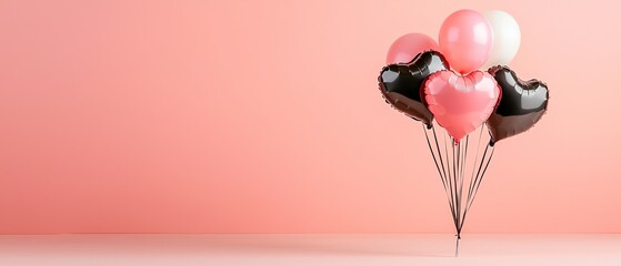 Fototapeta premium Heart-shaped balloons in pink, black, and white against a soft pink background, perfect for celebrations or romantic occasions.