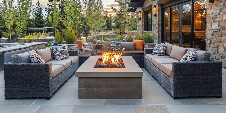 A large outdoor patio featuring stylish furniture and a cozy fire pit- perfect for entertaining and relaxation.