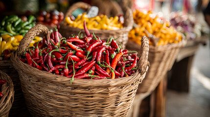 Fototapeta premium Vibrant display of fresh chili peppers at a bustling open-air market in Mexico