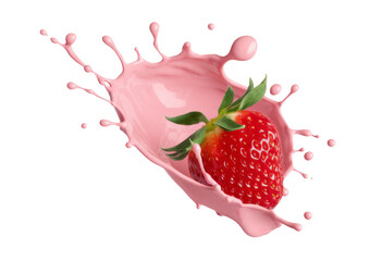 High-Quality PNG strawberry in pink milk splash on white background