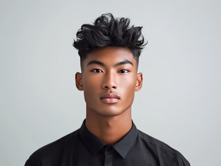 Obraz premium A portrait of a young man with stylish hair and a black shirt against a neutral background.
