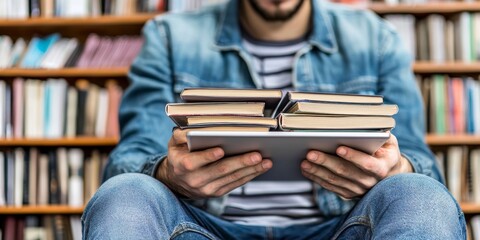 Student using tablet books library background Education learning technology concept