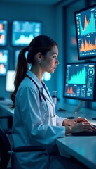 Young female physician surrounded by futuristic medical equipment and screens displaying patient data, medical tech, technology