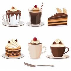 Collection of Decadent Dessert and Coffee Illustrations Featuring Rich Chocolate and Whipped Cream Delights