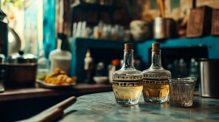 Obraz premium Artisanal spirits and a cozy bar setting in a rustic kitchen