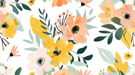 A vibrant floral pattern featuring various colorful flowers and leaves on a white background.
