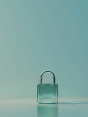 A minimalist padlock on a smooth surface with a soft blue background.