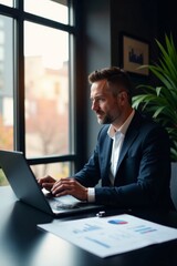 Investor sitting at a desk with laptop and graphs, data, investment