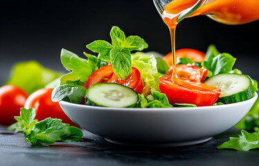 A vibrant green salad with crisp lettuce, juicy tomato, and cucumber slices, perfect as a healthy and delicious vegetarian meal