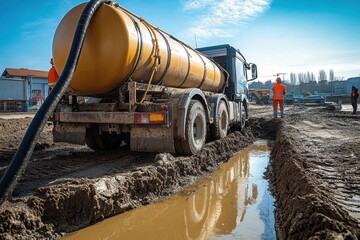 Sewage cleanup- pipe laying and installation into the ground by a truck with a tank on a construction site