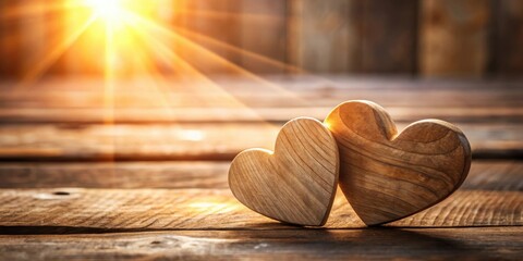 Two wooden hearts placed on a rustic table with warm sunlight filtering through the wood grain, creating a cozy and intimate atmosphere in a traditional setting, home, woods
