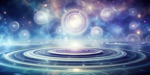 A Serene Celestial Landscape Featuring Rings of Light and a Tranquil Watery Surface Reflecting the Cosmos