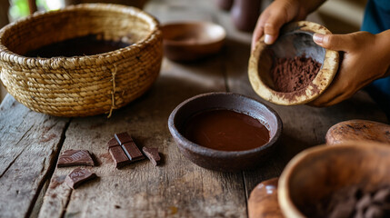 Fototapeta premium Crafting traditional chocolate using natural ingredients in a rustic setting
