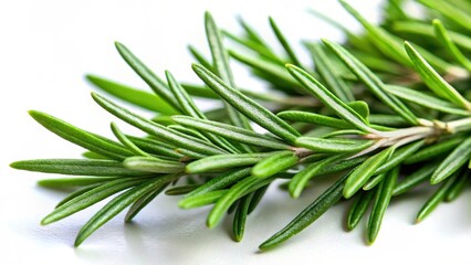 Fototapeta premium Fresh rosemary leaves isolated on white background with soft focus, revealing intricate details and texture , herb garden