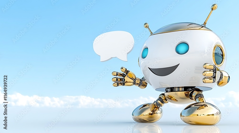 Wall mural Friendly Robot with Speech Bubble  AI Chatbot  Digital Assistant  Technology Concept