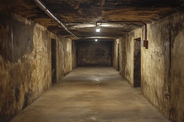 Fototapeta premium Dark, damp, underground corridor with rough walls. Ideal for mystery, suspense, or horror themes.