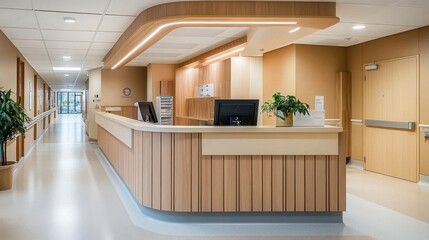 A hospital nurse station with a front desk- conveying a sense of calm order.