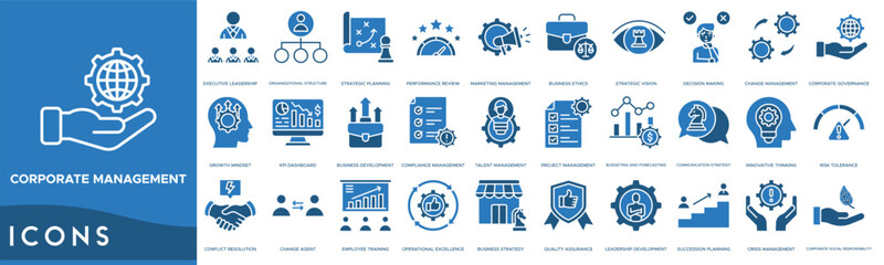 Corporate management icon. Executive Leadership, Organizational Structure, Strategic Planning, Performance Review and Marketing Management