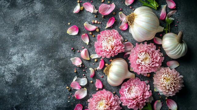Fresh pink flowers and garlic cloves arranged beautifully on a dark stone background