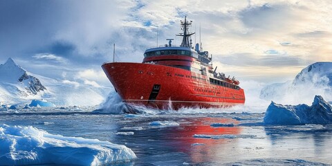 A powerful red icebreaker ship sails through frozen polar waters surrounded by glaciers and icy...