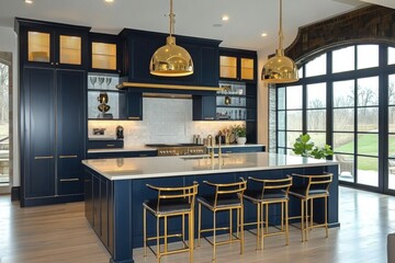 A luxurious modern kitchen with navy blue cabinetry- gold pendant lighting- and an elegant island-...