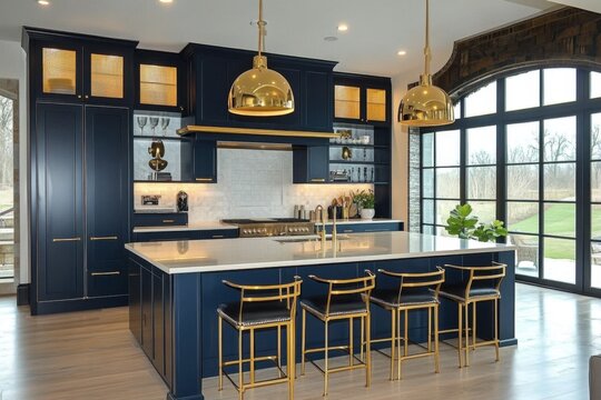 A luxurious modern kitchen with navy blue cabinetry- gold pendant lighting- and an elegant island- combining contemporary design with chic- upscale finishes