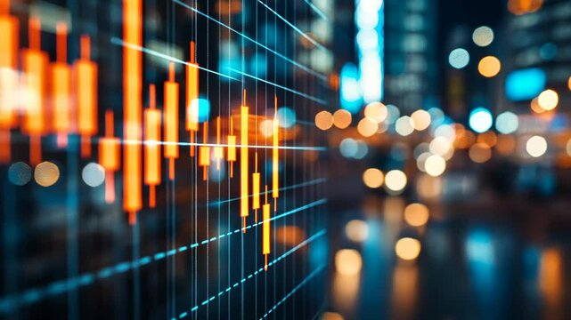 Financial market trends displayed on a digital board with city lights in the background during evening hours