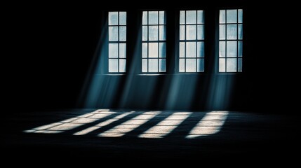 Sunlight streams through tall windows, casting dramatic shadows on the floor, creating a serene and atmospheric interior ambiance.