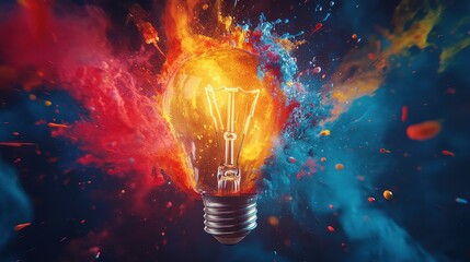 A lightbulb explodes with vibrant red and blue paint. Ideal for creativity, innovation, and energy concepts.