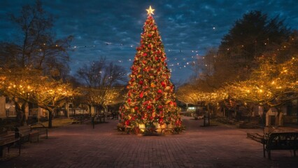 "Festive Night Scene: Large Christmas Tree in Park Decorated with Red and Gold Lights, Star on the Top."