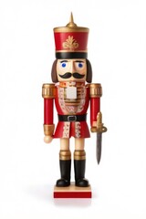 Wooden Nutcracker Figurine on Red Base Facing Left, Red and Gold Color Scheme, Crown, Mustache, Gold Sword, White Background