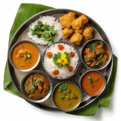 Traditional Indian Meal Presentation with Rice Dumplings Curry on a Silver Plate with Banana Leaf, Surrounded by Six Bowls.