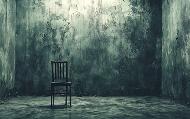 Single chair in dark, grunge room.