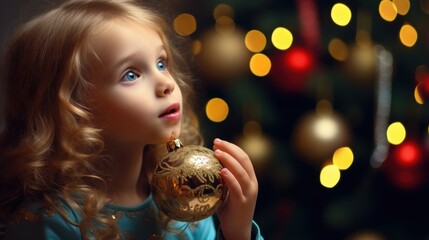 Naklejka premium Curious Christmas Child Delights Amid Holiday Cheer with Ornament Close Up Indoor Festive Decorations Childhood Wonder