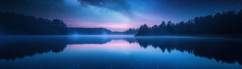 Fototapeta premium Serene Night Sky Reflecting Over Calm Lake Surrounded by Forest