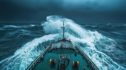 Cargo ship navigating stormy seas, huge waves crashing around it. Illustrates resilience, overcoming adversity, and the power of nature.