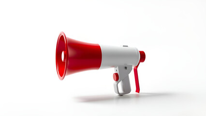 A red and white megaphone loudspeaker isolated on a plain background, representing public announcements, marketing, and communication