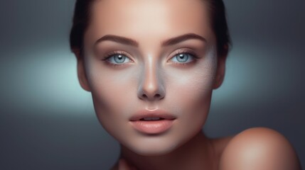 Fototapeta premium Airbrushed beauty with porcelain skin, large expressive eyes, and subtle glamorous highlight