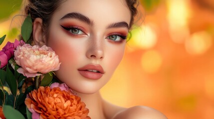 Naklejka premium Autumn Beauty: Young Woman Embracing Nature's Splendor with Floral Bouquet in Vibrant Forest Setting