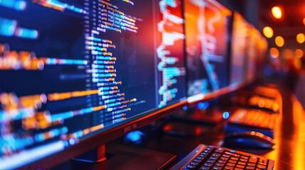 A close-up of computer monitors displaying code in a tech environment.