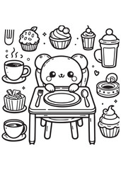 Coloring book teddy bear in the dinner table 