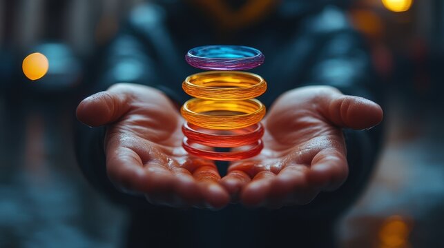 Close-up of hands mid-motion juggling colorful rings with precision
